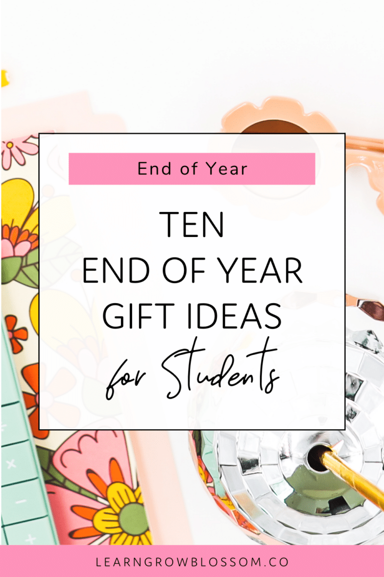 Pin title reads, "Ten End of Year Gifts for Students" over an image of a disco ball drink cup, flower sunglasses and a teacher planner