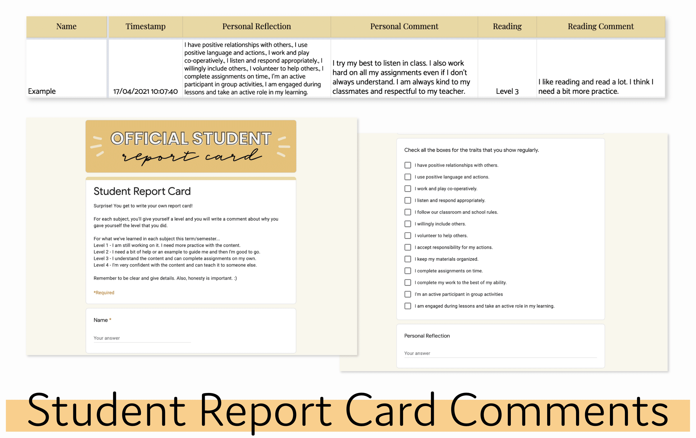Student Report Card Comments as a form of student self assessment leading up to report card season Showing the Google Form that students fill in as well an example of student reponses