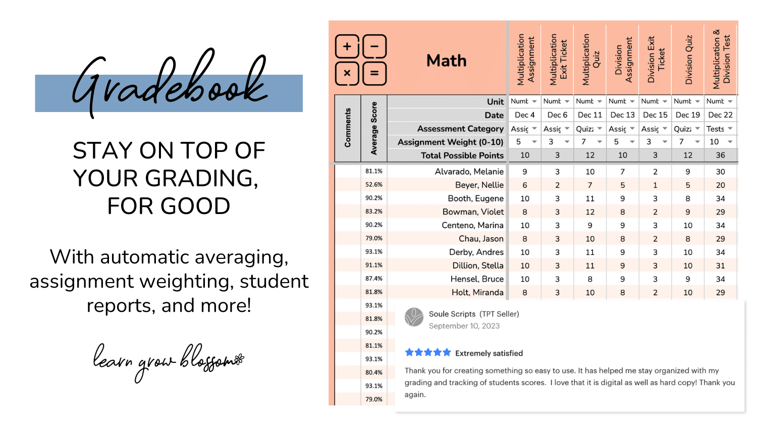 Teacher Grading Book that to help you stay on top of your teacher grading, for good with automatic averaging, assignment weighting, student reports, and more! Including a screenshot of the teacher gradebook.