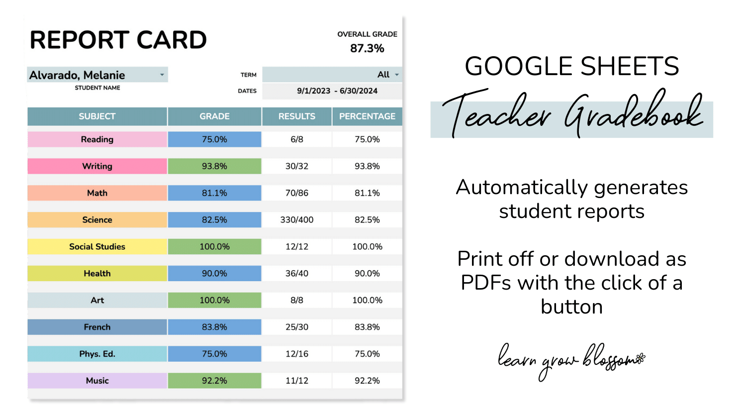 Google Sheets Gradebook Template automatically generated student reports. Print them off or download them as PDFs with the click of a button. Showing a screenshot of the student report card in Google Sheets.