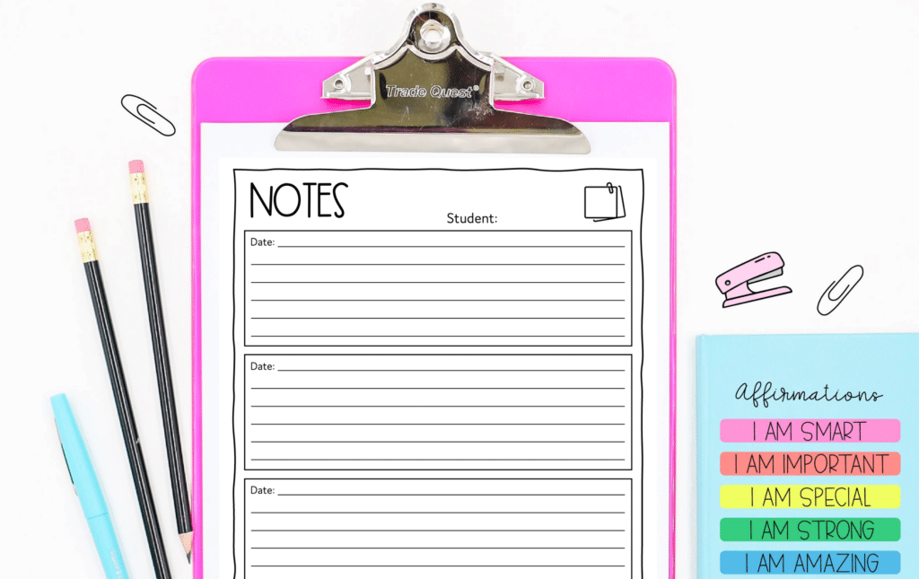 Hot pink teacher clipboard with anecdotal note example page for general teacher notes 
