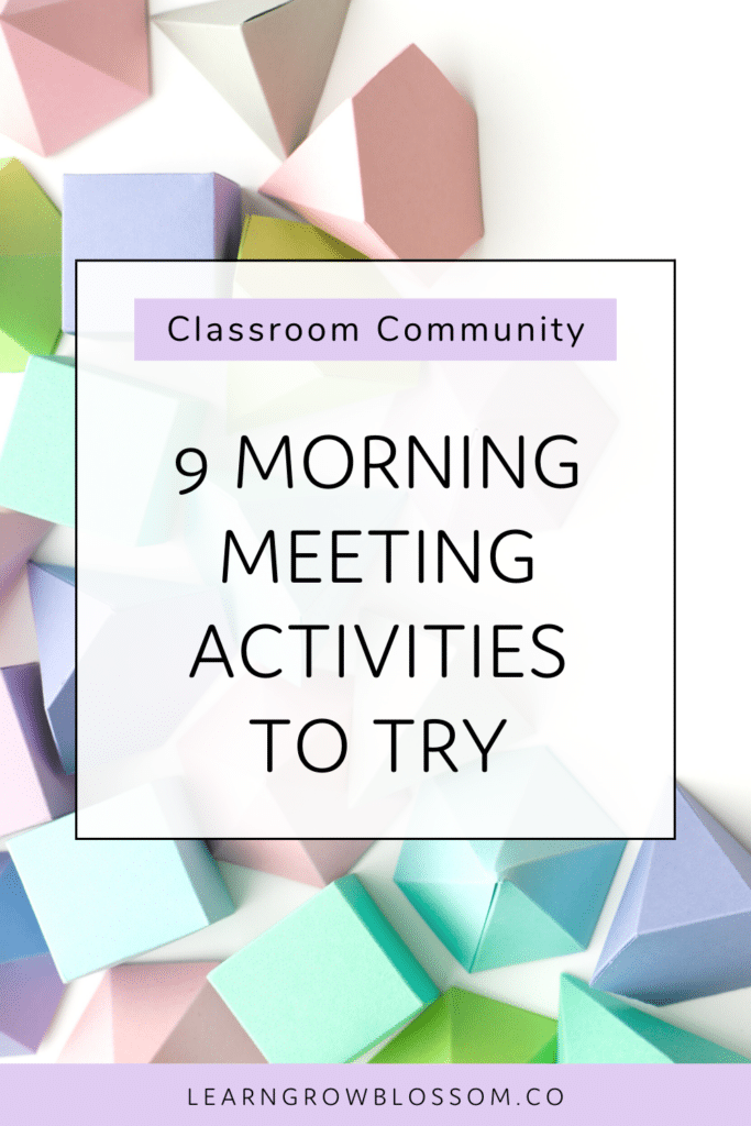 pin title "9 morning meeting activities to try" overlaying a set of pastel coloured blocks