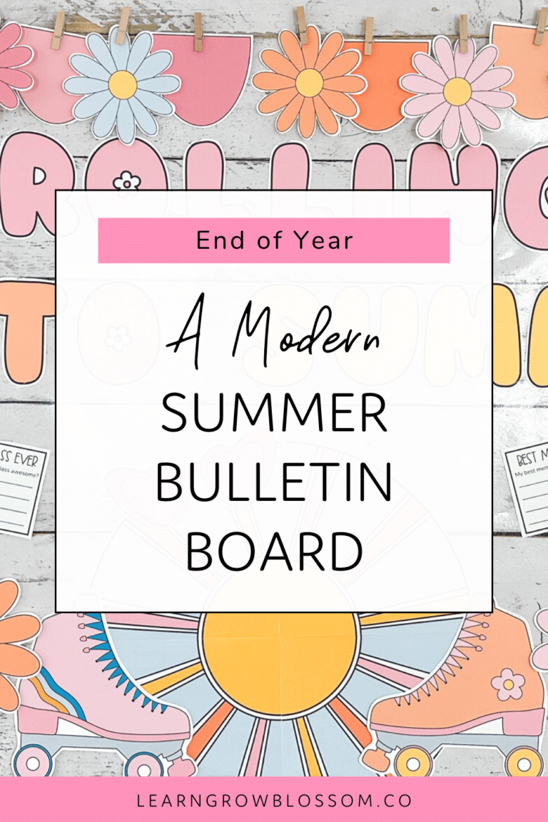 Pin title reads "A Modern Summer Bulletin Board" overlaying a photo of the retro summer bulletin board featuring roller skates, daisies, a sunburst, and student templates
