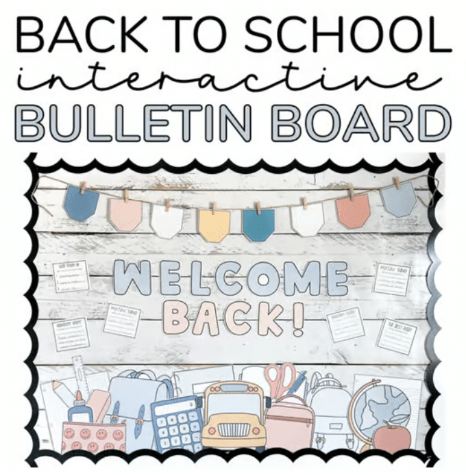 Product cover for back to school bulletin board set featuring an image of the fall bulletin board