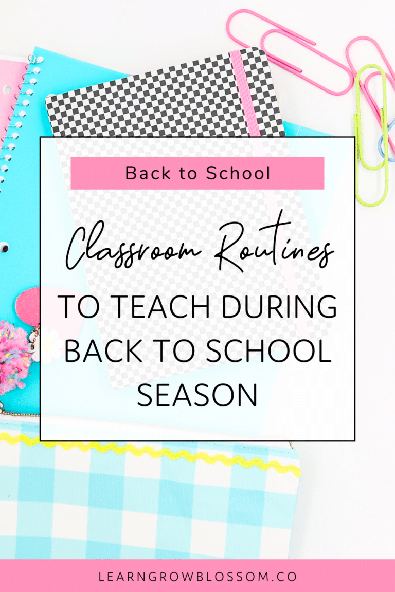 Pin title "Classroom Routines to Teach During Back to School Season" overlaying a teacher planner, paperclips and a notebook