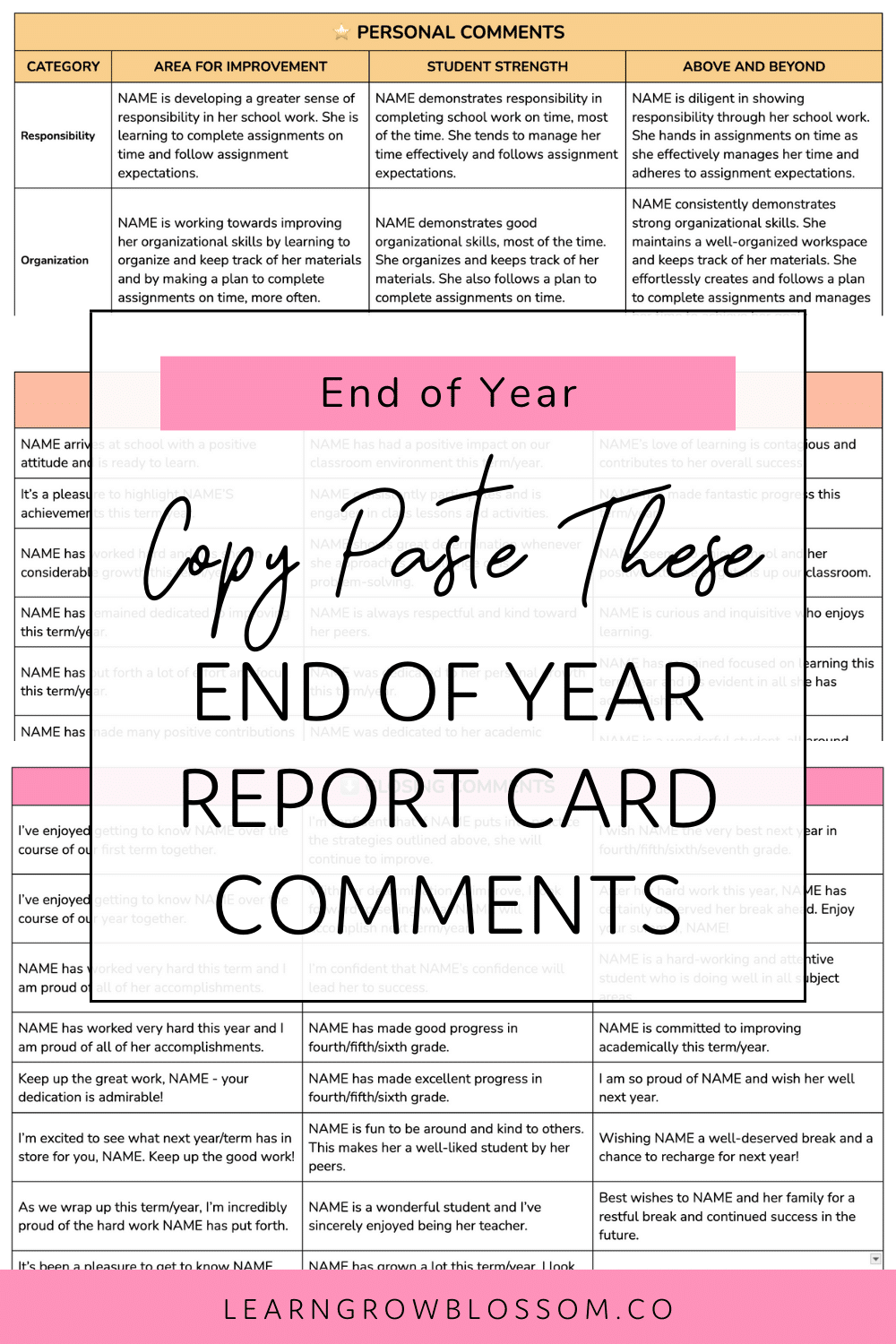 Pin title reads, "Copy Paste These End of the Year Report Card Comments" overlaying screenshots of the report card comment bank resource for opening and closing comments