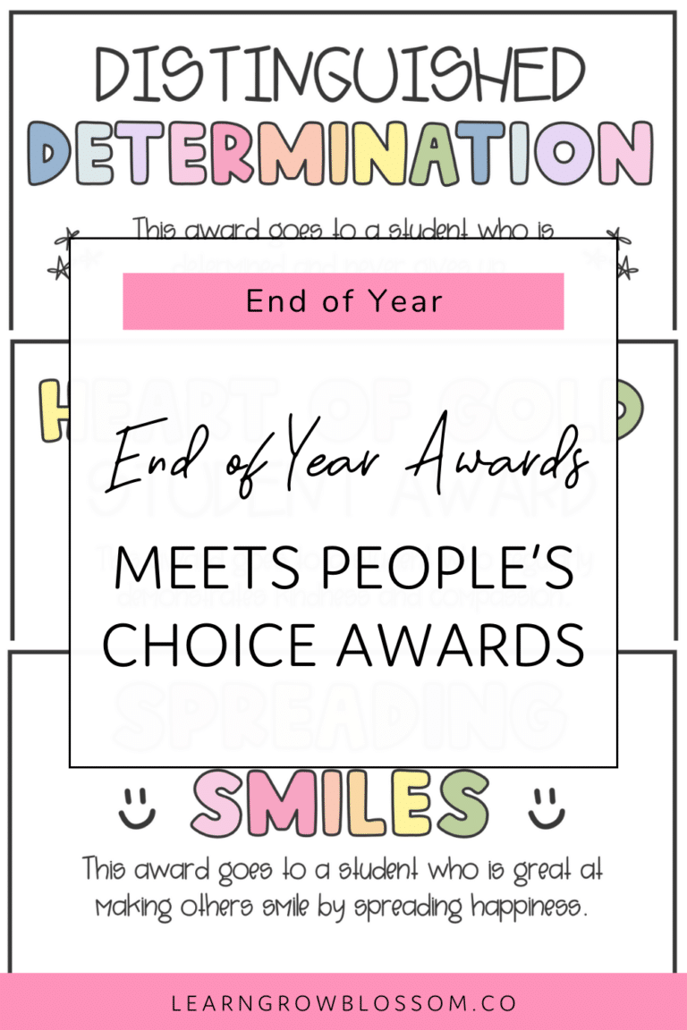 Pin with title "End of Year Awards Meets People's Choice Awards" over three screenshots of different student awards