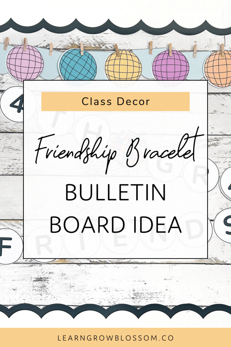 Pin image with title "Friendship Bracelet Bulletin Board Idea" overlaying a photo of the taylor swift bulletin board featuring letter beads and disco balls on shiplap bulletin board paper