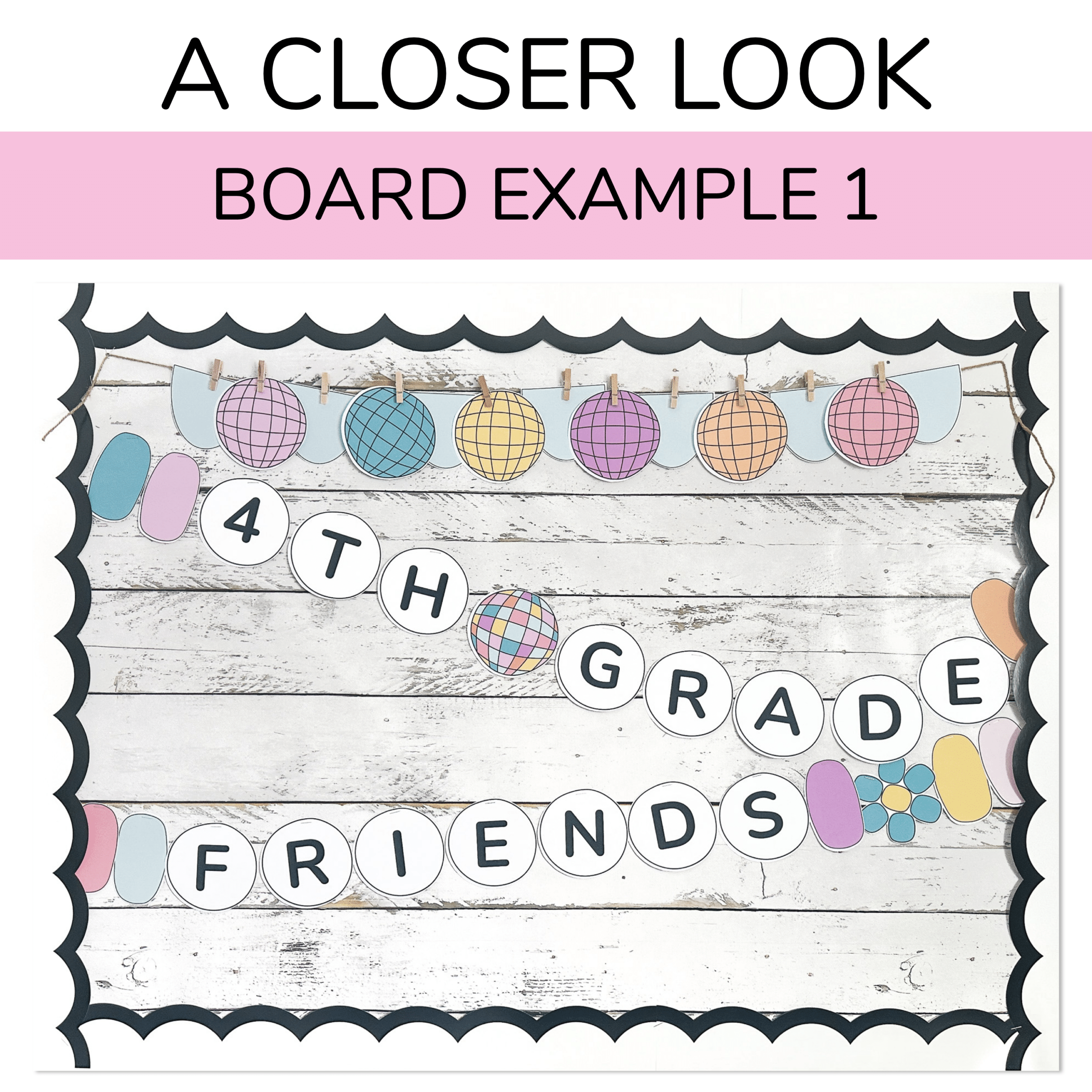 Example of friendship bracelet bulletin board with letter beads reading "4th grade friends"