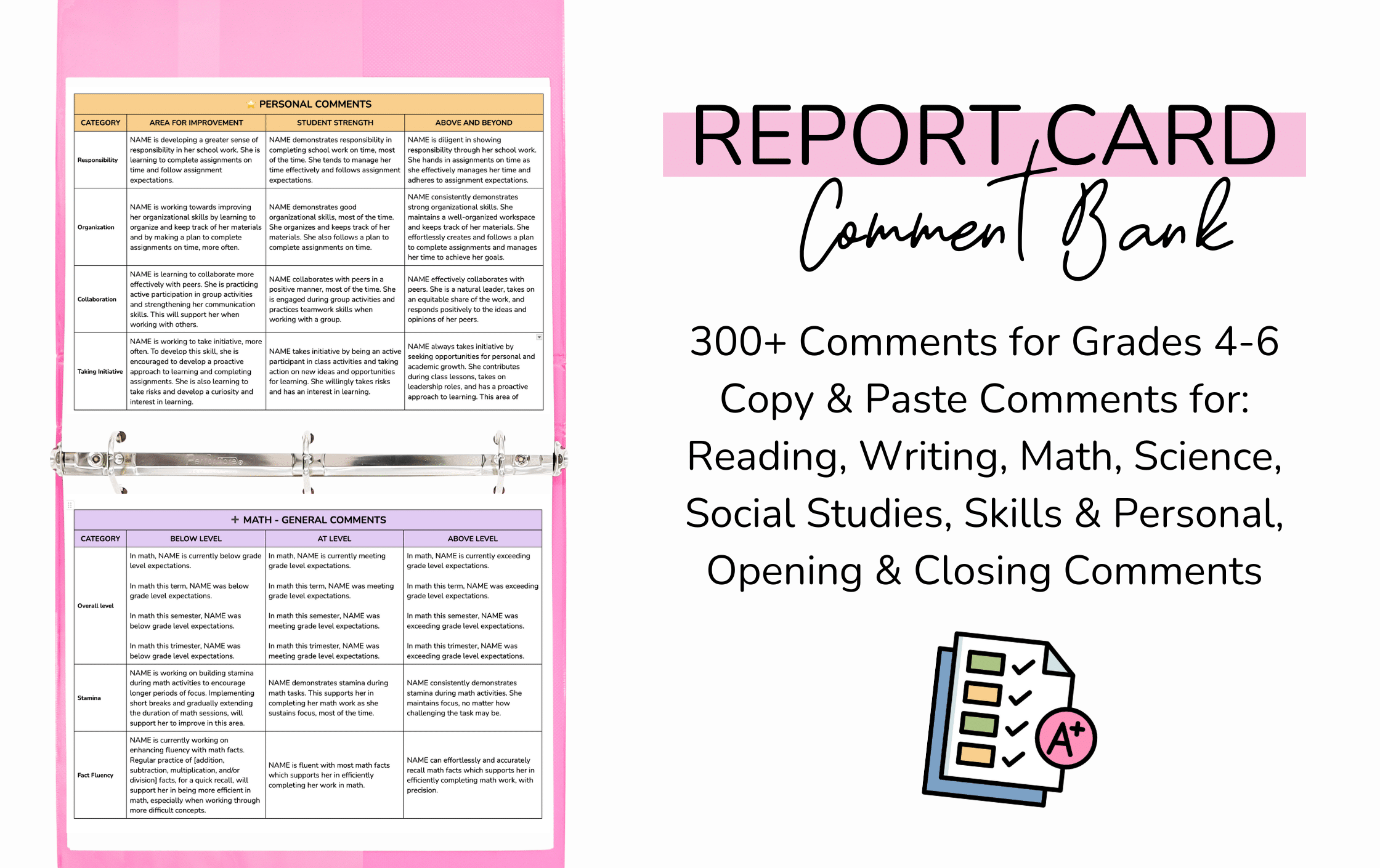 Pages from the copy and paste report card comment bank in a hot pink binder with title "Report Card Comment Bank" and a list outlining the subjects and skills that report card comments are included for