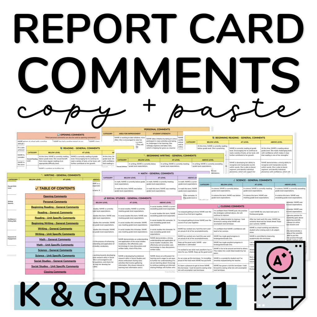 Cover photo for Kindergarten report card comments and grade 1 report card comments showing screenshots of the editable Good Doc where teachers can copy paste the report card comments