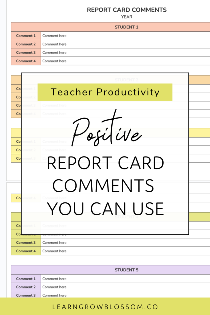 Pin title reads "Positive Report Card Comments You Can Use" overlayed on a screenshot of the report card comment template