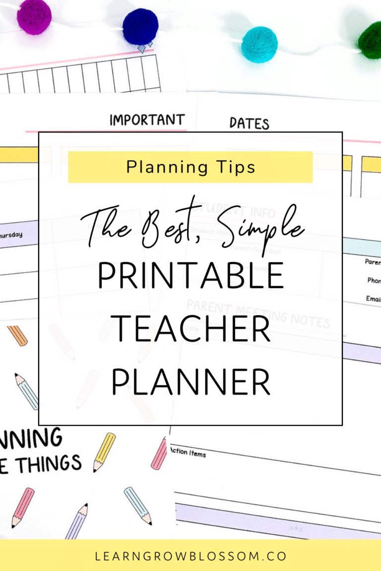 Pin Title that reads The Best, Simple Printable Teacher Planner overlaying a photo of planning templates from the pencil pastels printable teacher planner and a pompom felt garland