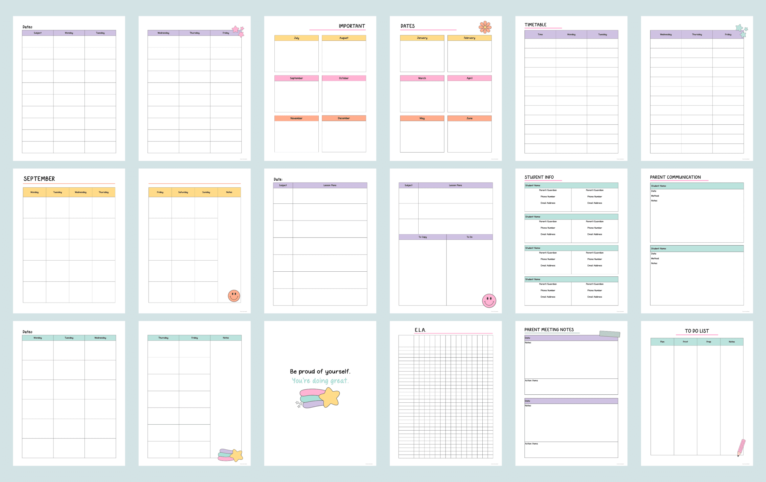 Graphic showing 18 templates from the printable teacher planner including weekly planning templates, daily lesson planning templates, and teacher to-do lists