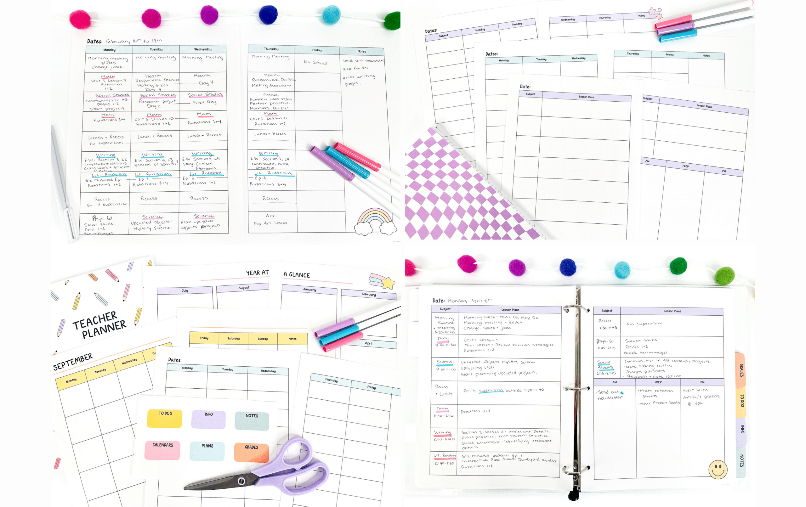 Four photos for a graphic showing the printable teacher planner including simple teacher plans on the weekly planner spread and the daily lesson planning template