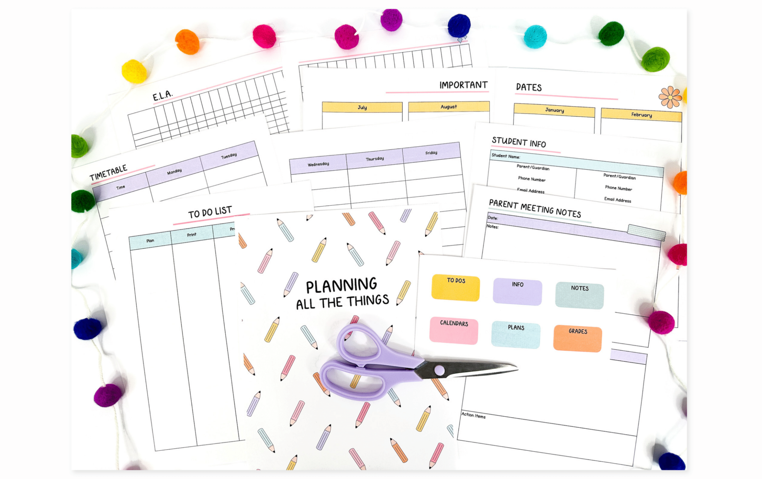 Photo of printable teacher planner with a pompom garland and purple scissors with the teacher binder dividers