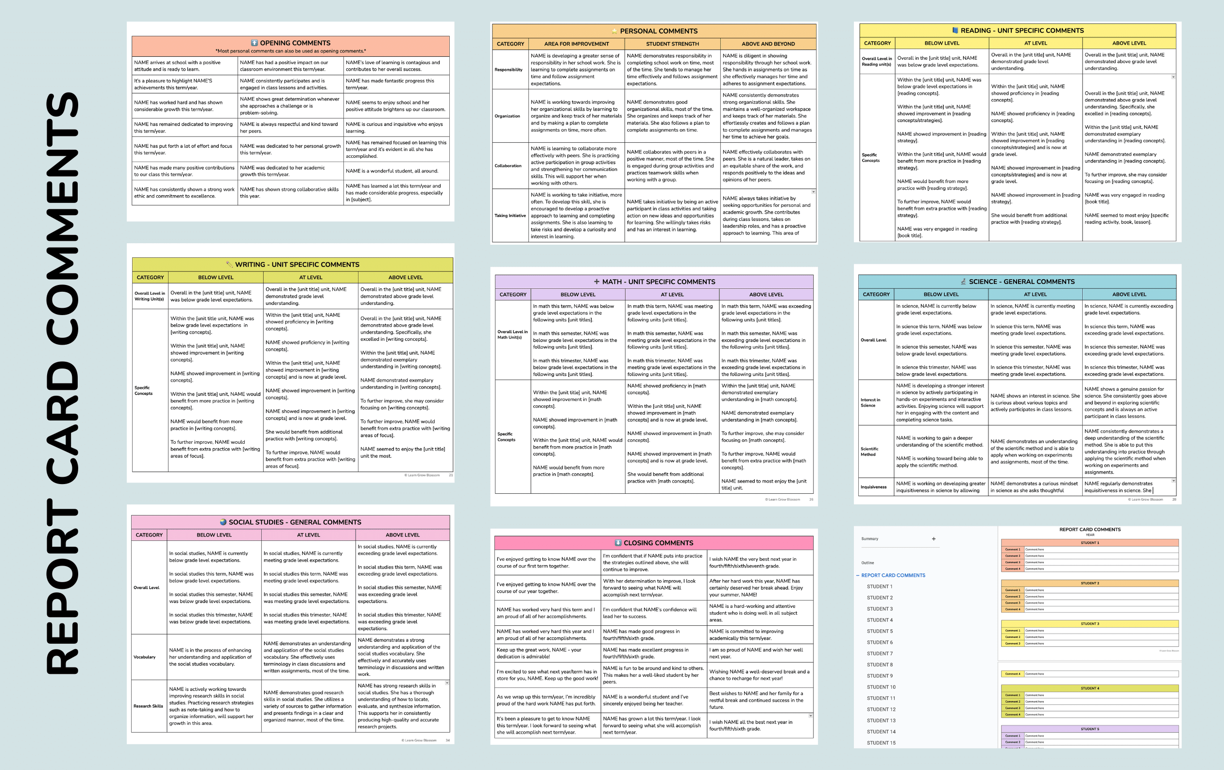 Report card comments for students graphic showing different report card comments included in the comment bank like math comments, social studies comments, behaviour comments, etc.