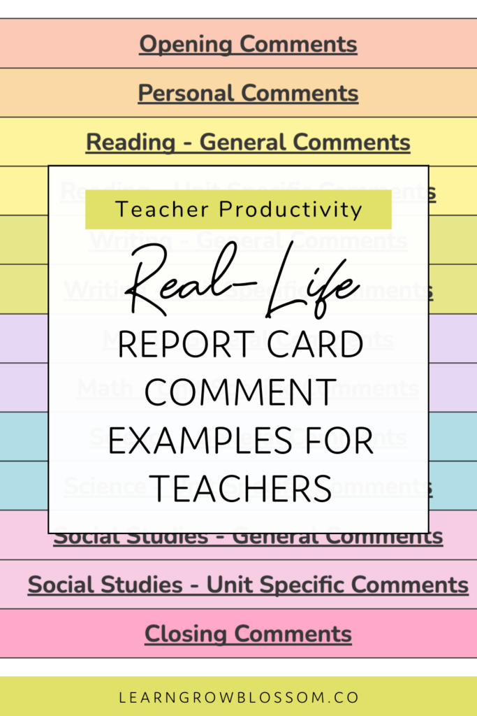 Pin title reads "Real-Life Examples of Report Card Comments for Teachers" overlaying a screenshot of the table of contents for the report card comment bank resource