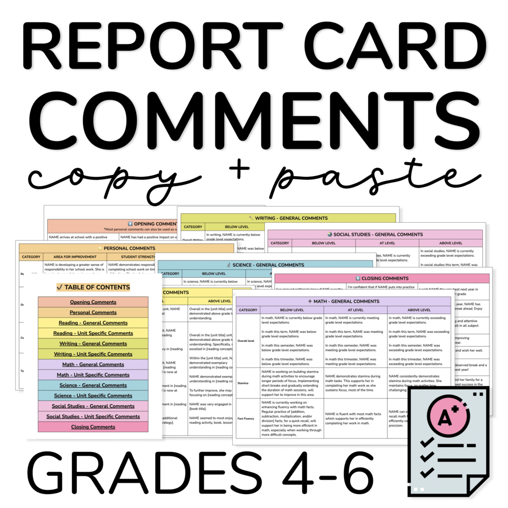 Thumbnail for Report Card Comments for Teachers grades 4-6 that are copy & paste friendly showing screenshots of the Google Docs document