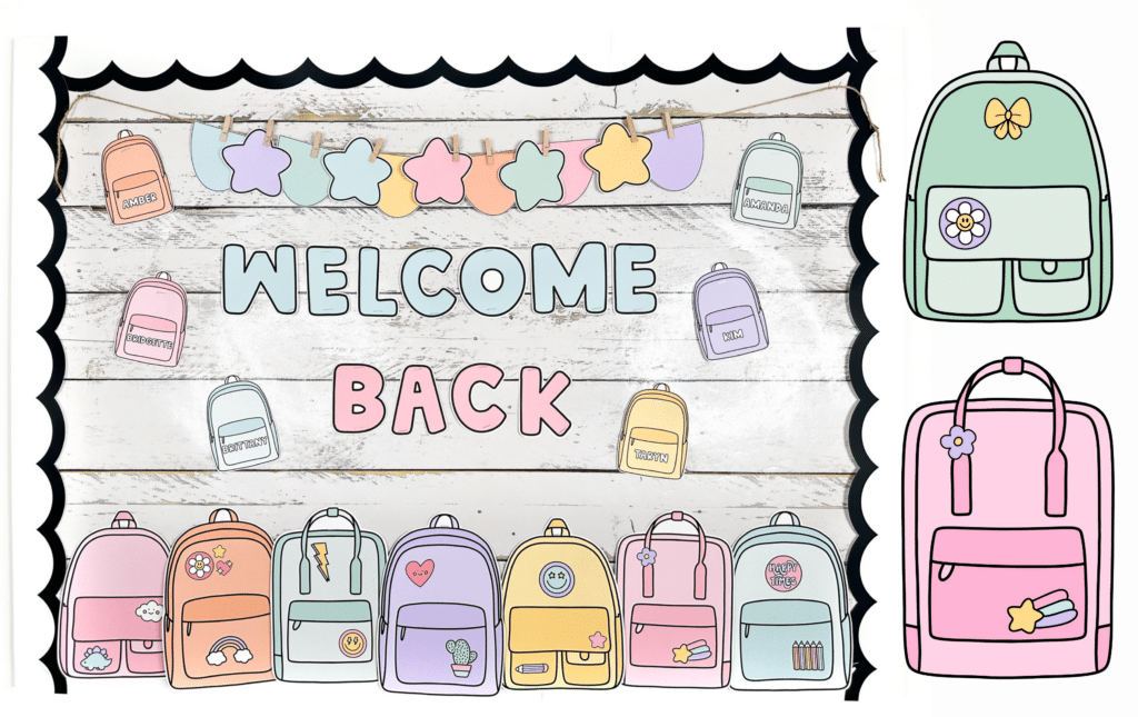 Graphic showing two decorate backpacks with colourful pins that are used as accent pieces on the welcome back bulletin board displayed in the photo