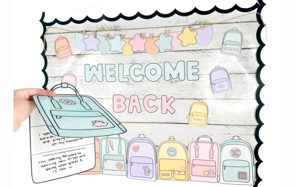 Both the welcome back to school bulletin board and the backpack craft shown together in a photo
