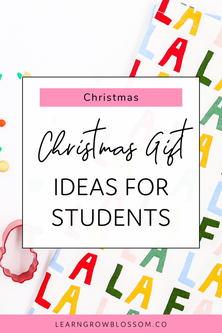 Pin title reads: Ideas for Christmas Gifts for Students overlayed on an image of Falalalala wrapping paper and Christmas cookie cutters