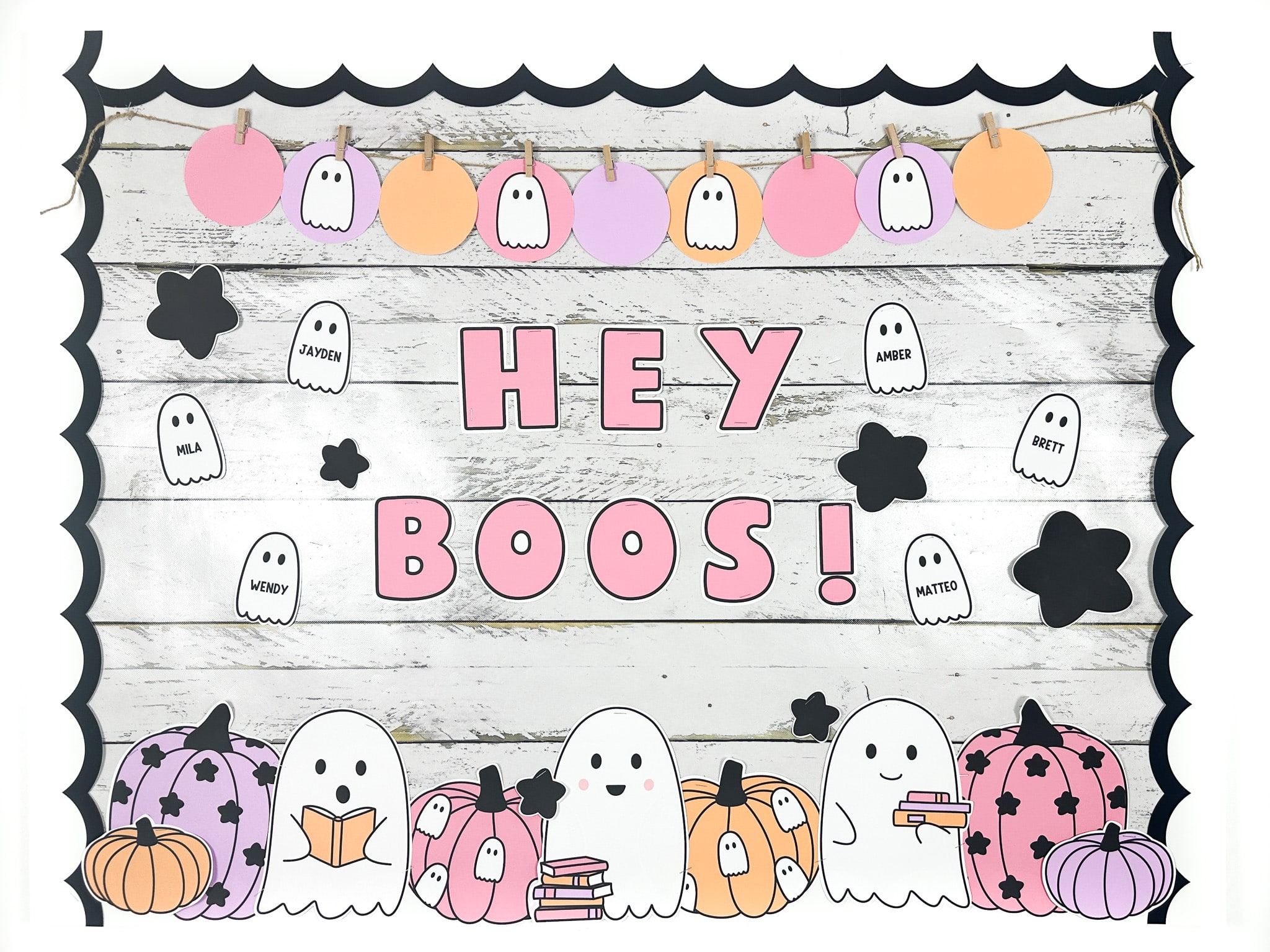 "Hey Boos" ghost halloween bulletin board with three bookish ghosts and patterned pumpkins