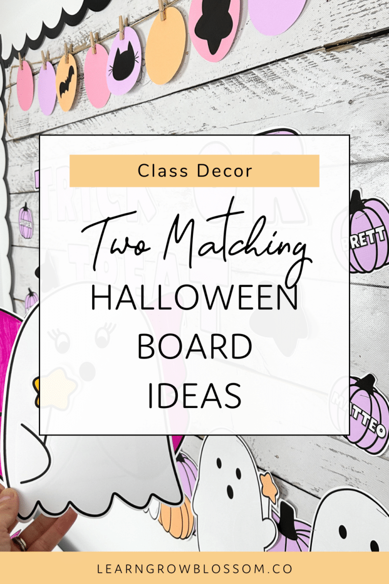 Pin title reads Two Matching Halloween Bulletin Board Ideas over a photo of a ghost themed halloween bulletin board display