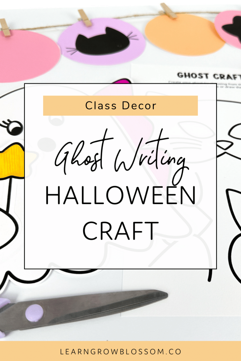 Pin title reads "ghost writing Halloween classroom craft" and is over a photo showing a ghost classroom craft template and bulletin board banner