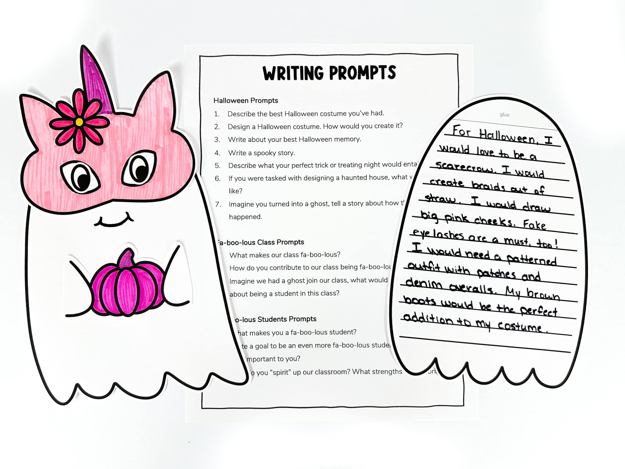 Halloween classroom craft templates and writing prompts alongside a ghost dressed up as a unicorn 