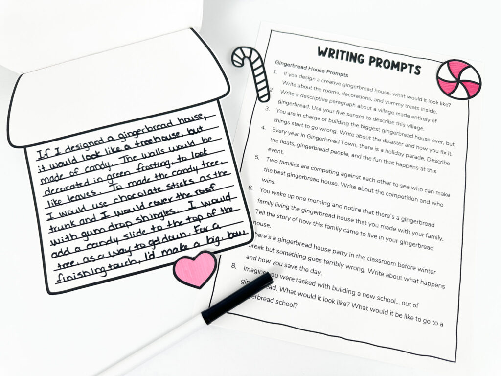 Gingerbread house writing templates and writing prompts page featuring a writing sample