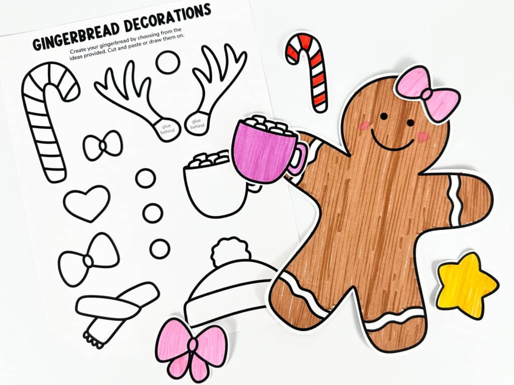 Gingerbread man craft example with student decoration page with choices for them to decorate their gingerbread person