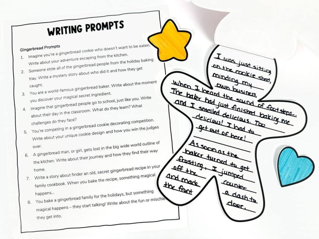 Gingerbread writing prompts and student writing example to add to the back of the Gingerbread man craft