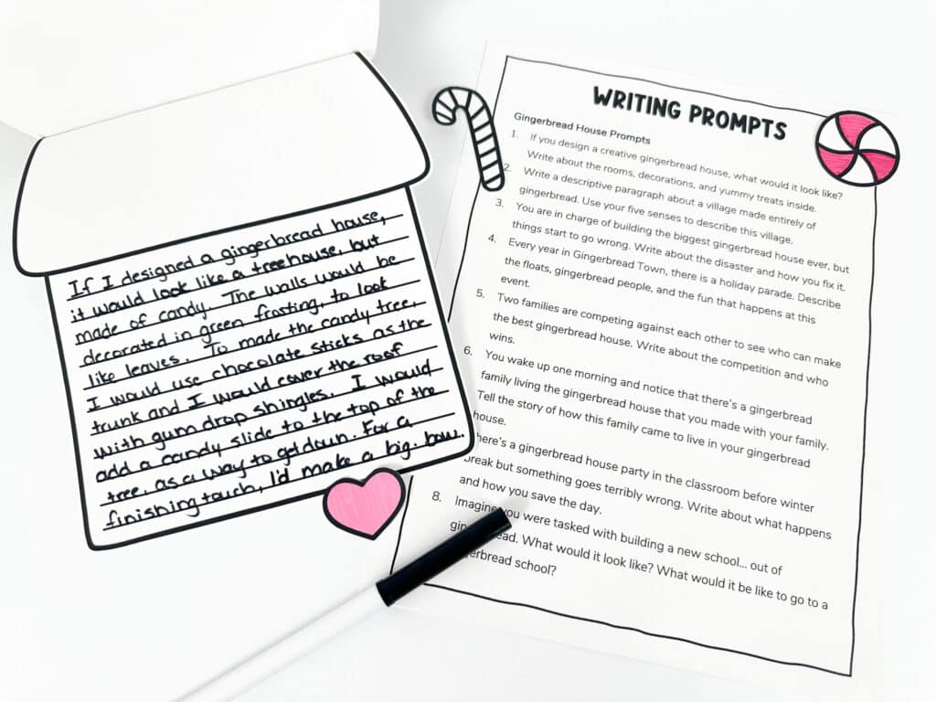 Gingerbread writing prompts page with a writing sample on a gingerbread house writing template