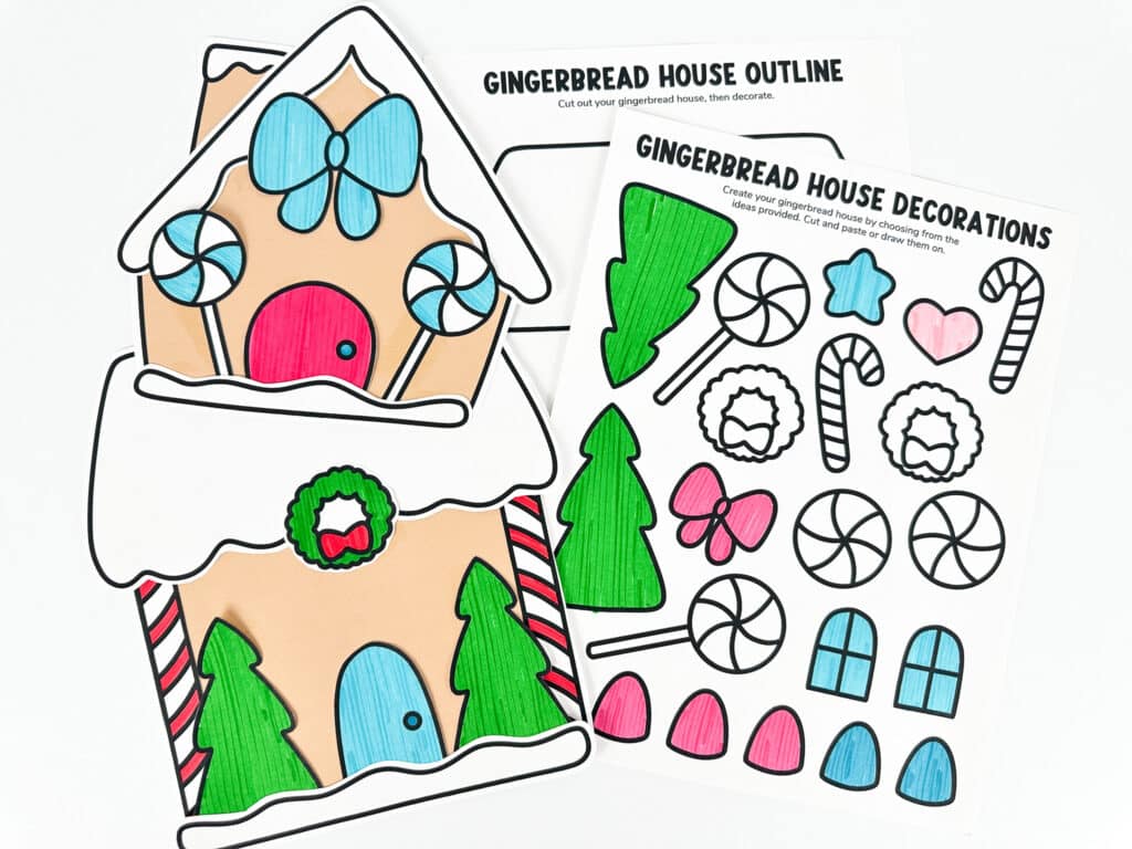 Gingerbread house crafts with the hand drawn decoration pages