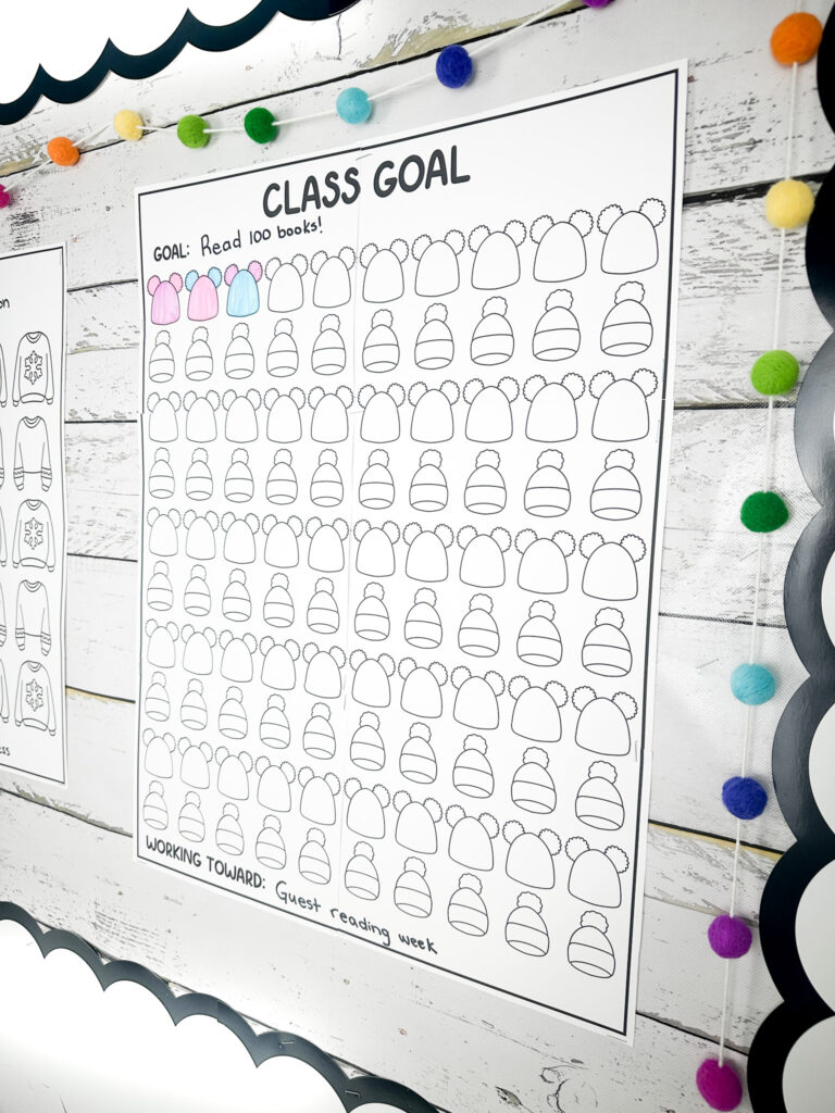 30 ideas for classroom goals on a photo of a class goals poster with the goal to read 100 books. Students have coloured in three of the one hundred winter hat clipart images and the poster says they are working toward an incentive to get a guest reading week