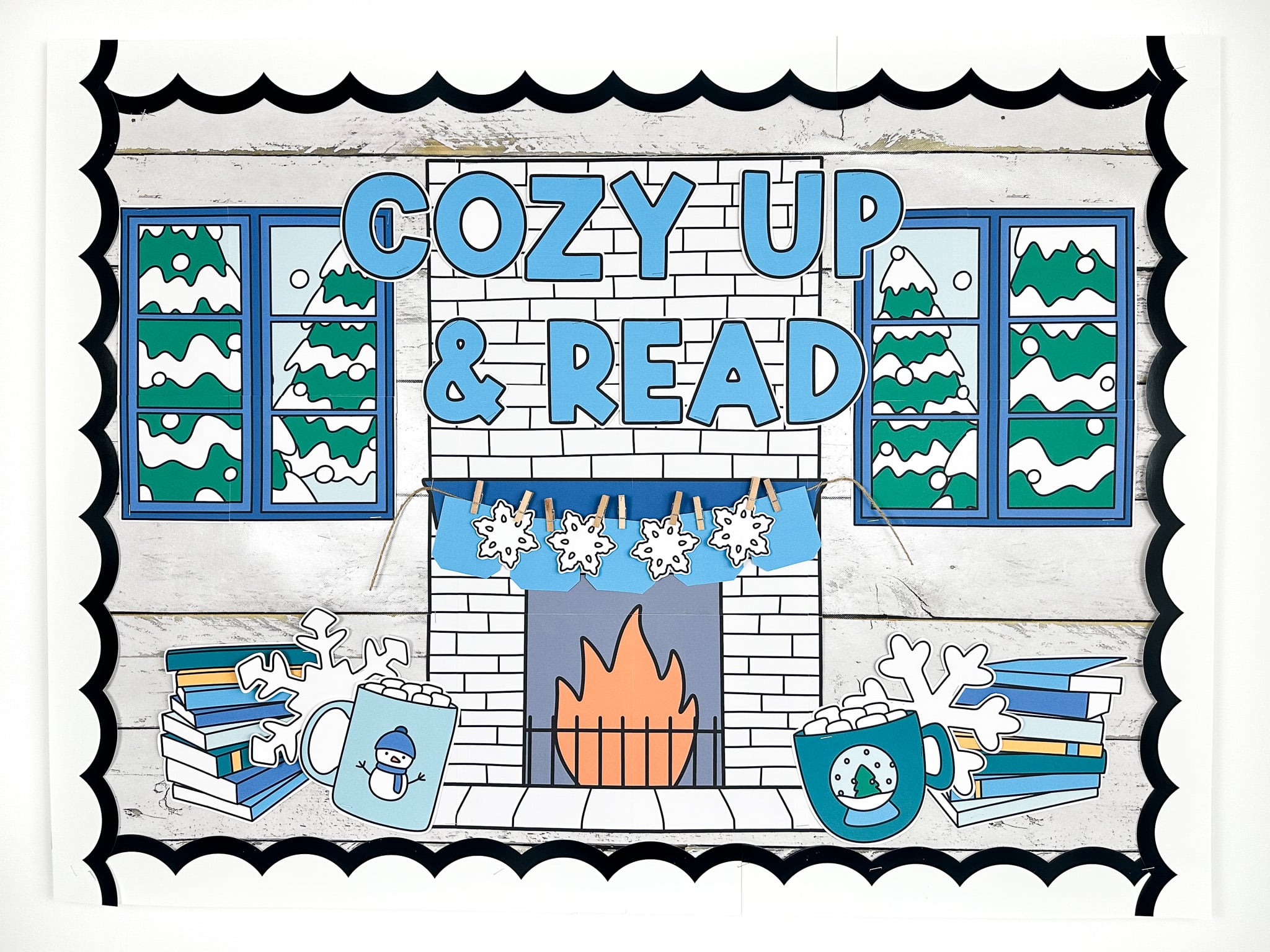 Winter bulletin board idea with fireplace, windows, book stacks, snowflake banner, large snowflakes