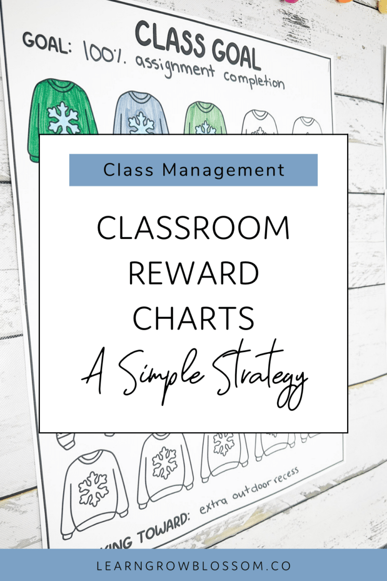 A pin with the title Classroom Reward Charts: A Simple Strategy featuring a photo of a winter classroom reward chart