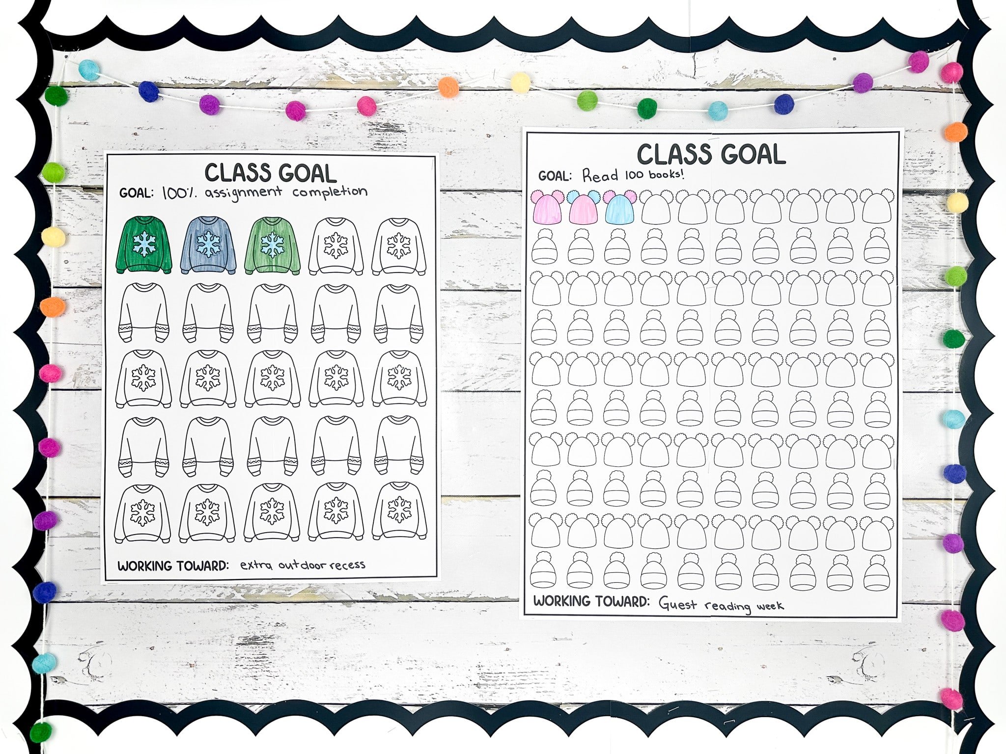 Photo of two classroom reward charts. One has a class goal to complete 100% of assignments and another to read 100 books