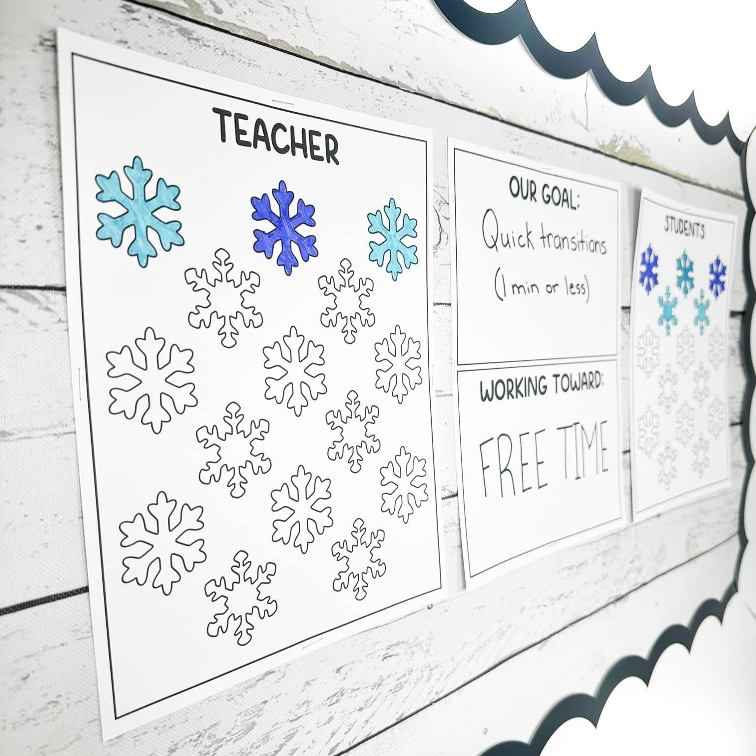 Teacher vs student classroom reward charts with the goal for quick transitions under one minute to earn an incentive of free time