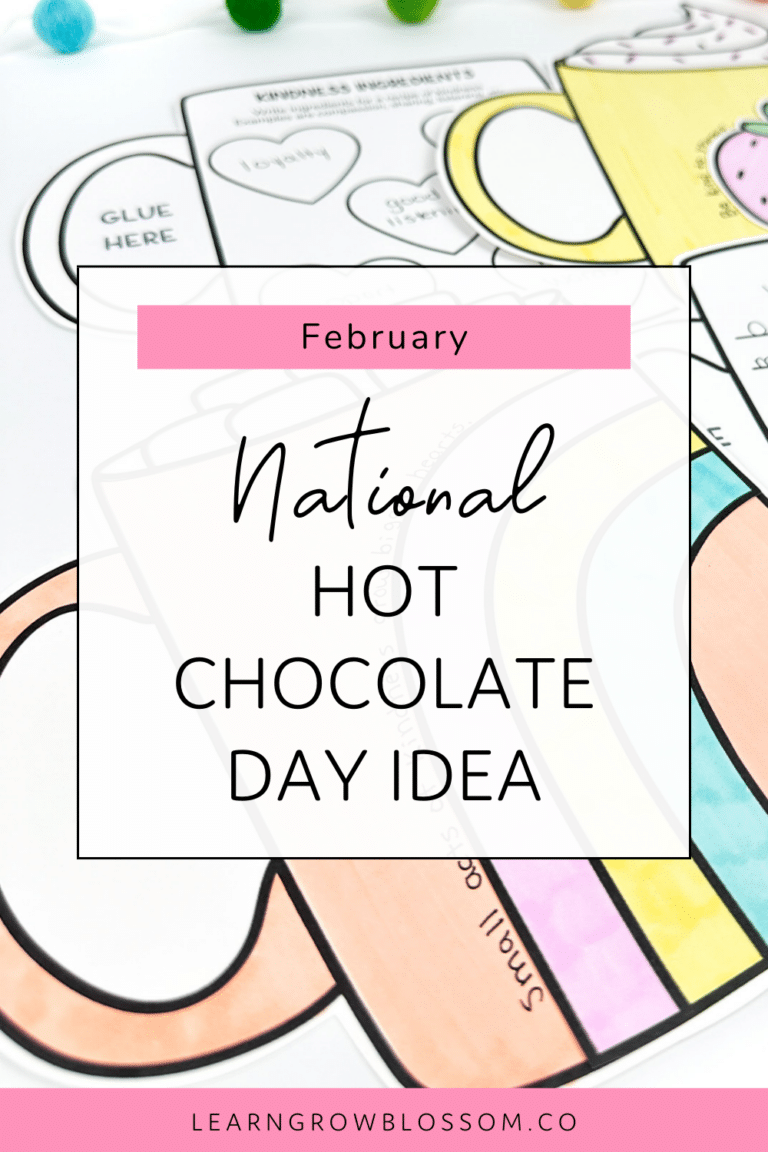 Pin with title that says National Hot Chocolate Day Idea over a photo of a hot chocolate craft and writing activity for the classroom