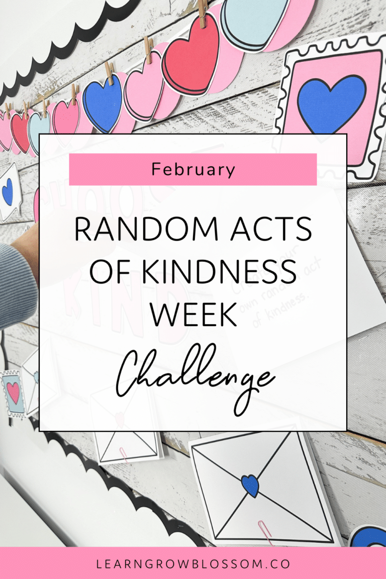 Pin with the title random acts of kindness week challenge showing the kindness challenge bulletin board