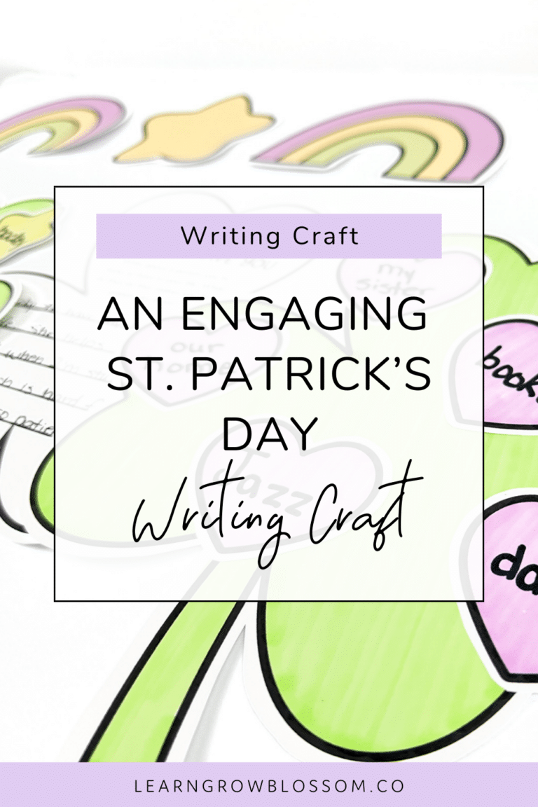 Pin title says An Engaging St Patrick's Day Activity showing a photo of a coloured shamrock with hearts sharing what students are lucky to have and a writing paragraph about gratitude