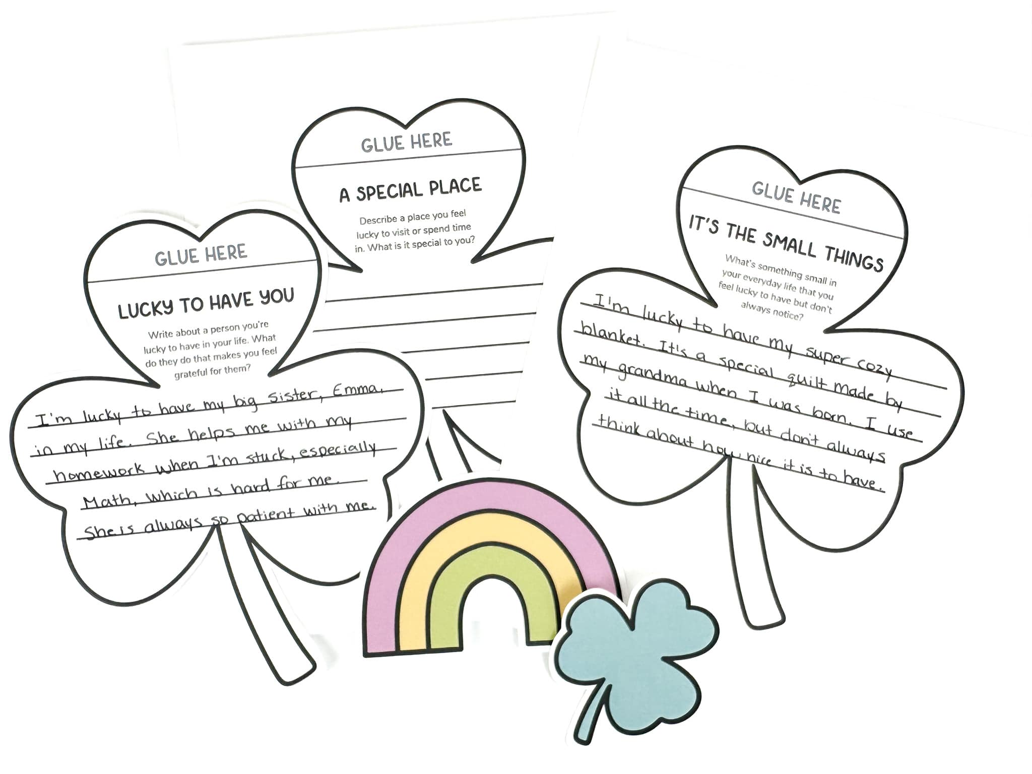 Shamrock writing template examples for gratitude writing as St Patrick's Day activity