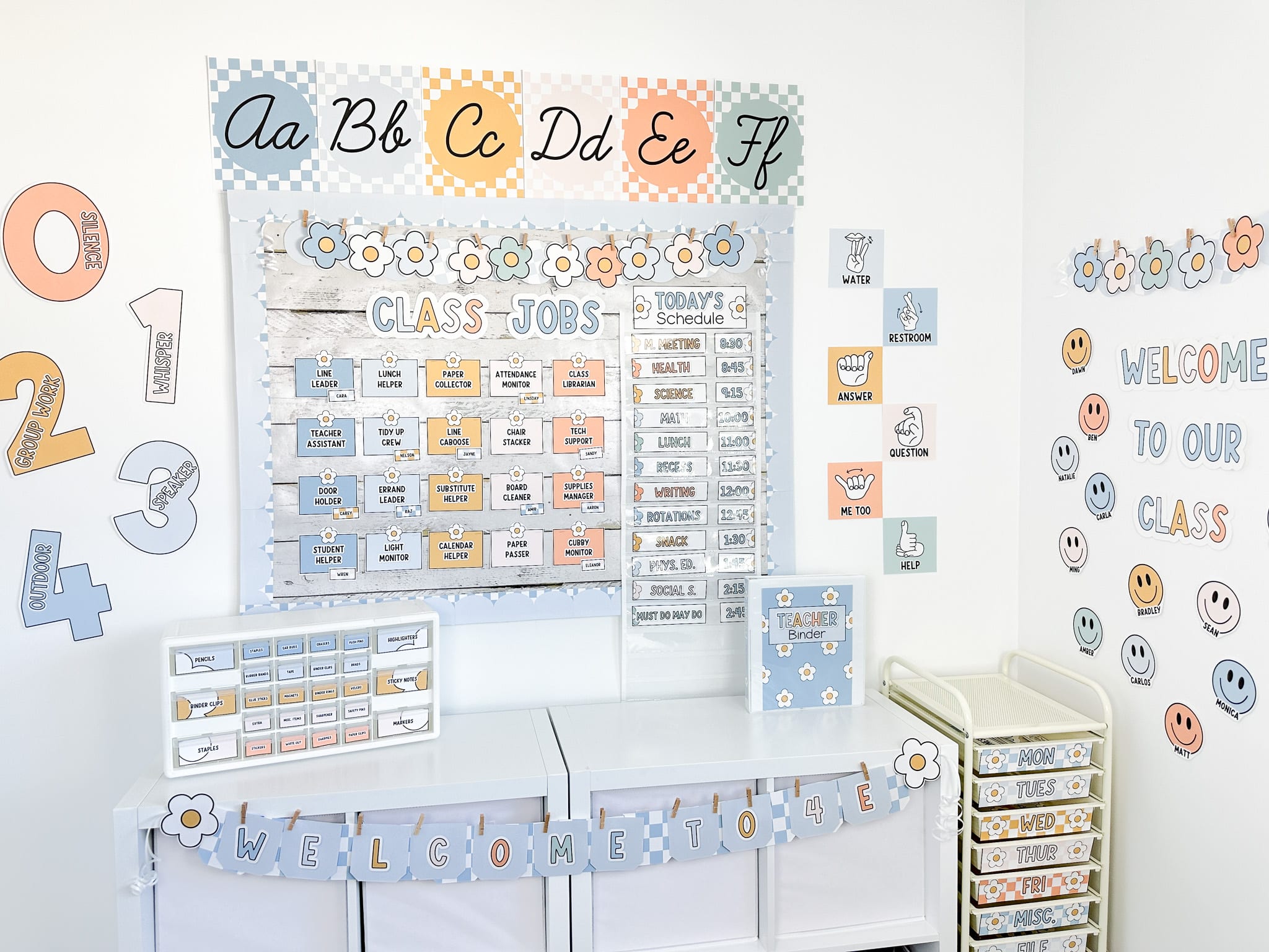 Photo of Fun Boho Classroom Decor Bundle featuring alphabet posters, a boho job display, a boho door decor, a welcome to school banner, ASL posters, a voice level posters