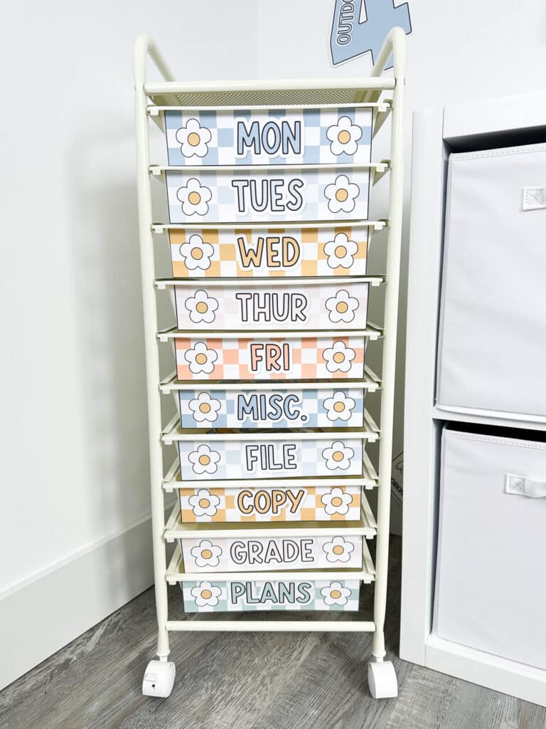 Boho classroom decor rolling cart labels