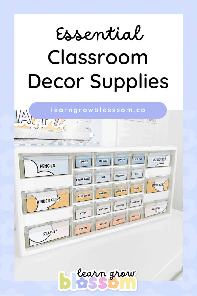 Pin title reads "Essential Classroom Decor Supplies" with a photo of a teacher toolbox with boho teacher toolbox labels