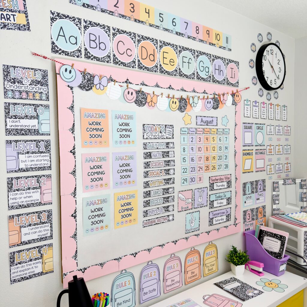 composition notebook classroom decor bundle mock up showing class schedule, calendar, alphabet posters, clock labels, levels of understanding, number line, number posters, class rules, hand signals, and more