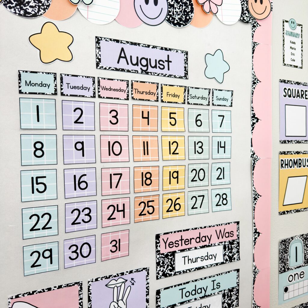 Calendar display from the composition notebook classroom decor bundle with composition patterns and fun pastel colours