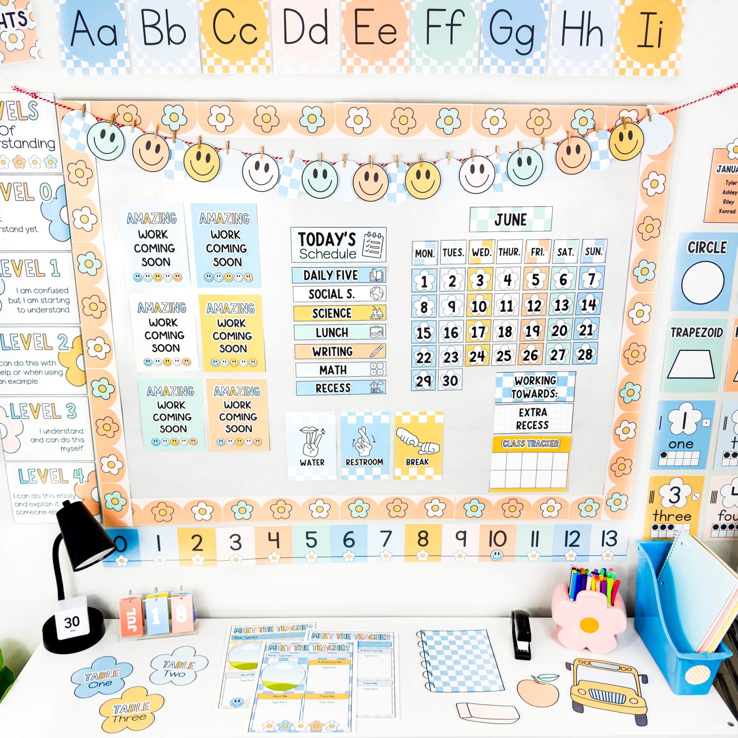 boho classroom decor showing tons of resource from the boho classroom decor bundle like banner, calendar, classroom rewards, newsletters, table numbers, and more